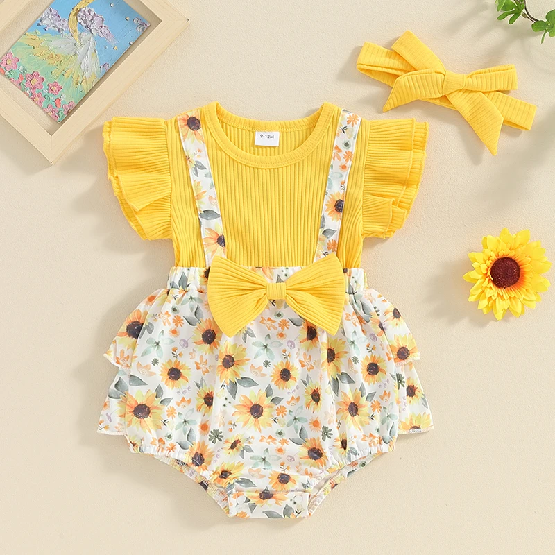 Baby-Girl-2-Piece-Summer-Set-Fly-Sleeve-Sunflower-Print-3D-Bow-Fake-Two-Piece-Romper-1