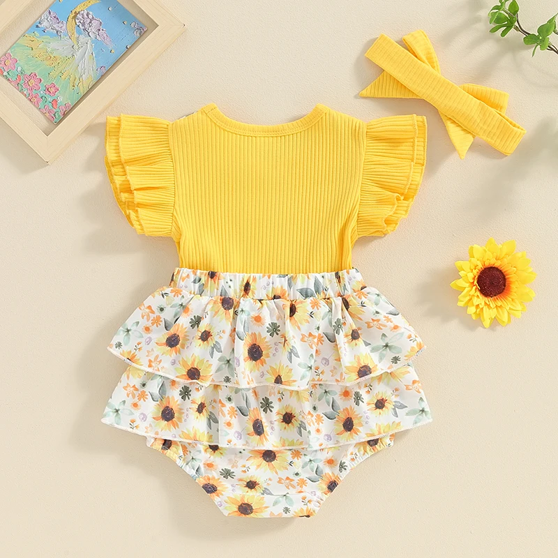 Baby-Girl-2-Piece-Summer-Set-Fly-Sleeve-Sunflower-Print-3D-Bow-Fake-Two-Piece-Romper-2