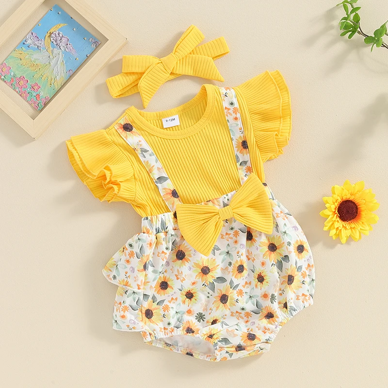 Baby-Girl-2-Piece-Summer-Set-Fly-Sleeve-Sunflower-Print-3D-Bow-Fake-Two-Piece-Romper-3