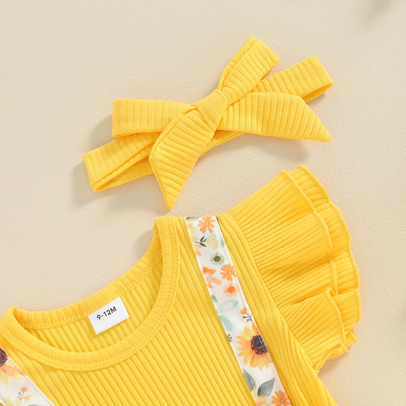 Baby-Girl-2-Piece-Summer-Set-Fly-Sleeve-Sunflower-Print-3D-Bow-Fake-Two-Piece-Romper-4