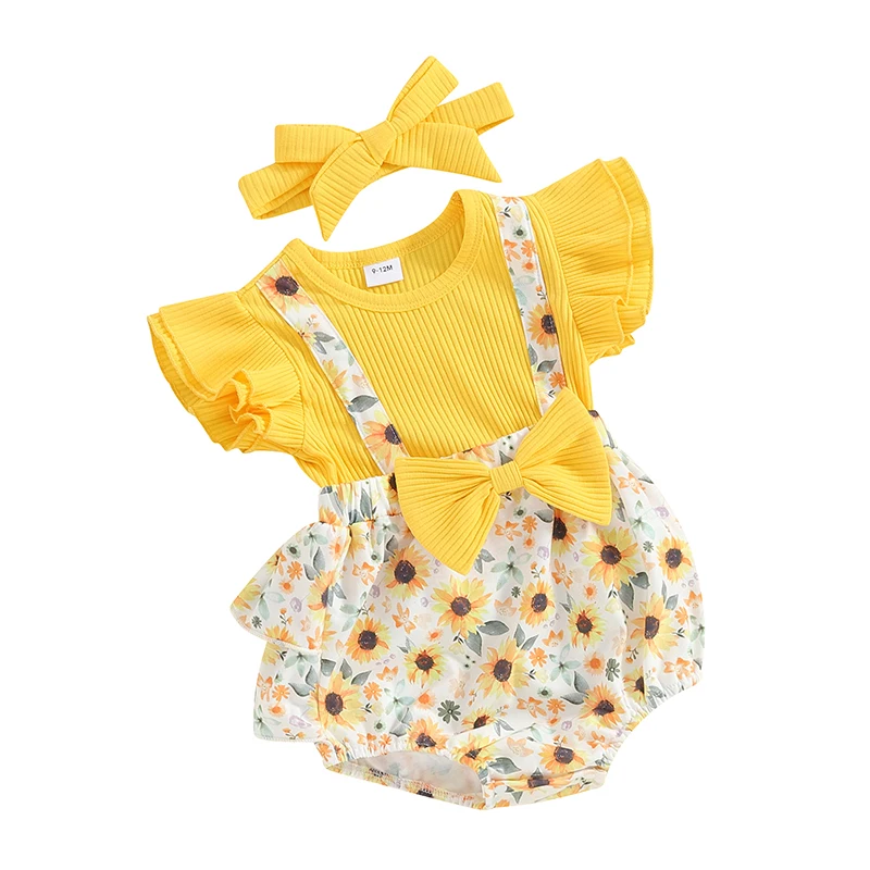 Baby-Girl-2-Piece-Summer-Set-Fly-Sleeve-Sunflower-Print-3D-Bow-Fake-Two-Piece-Romper