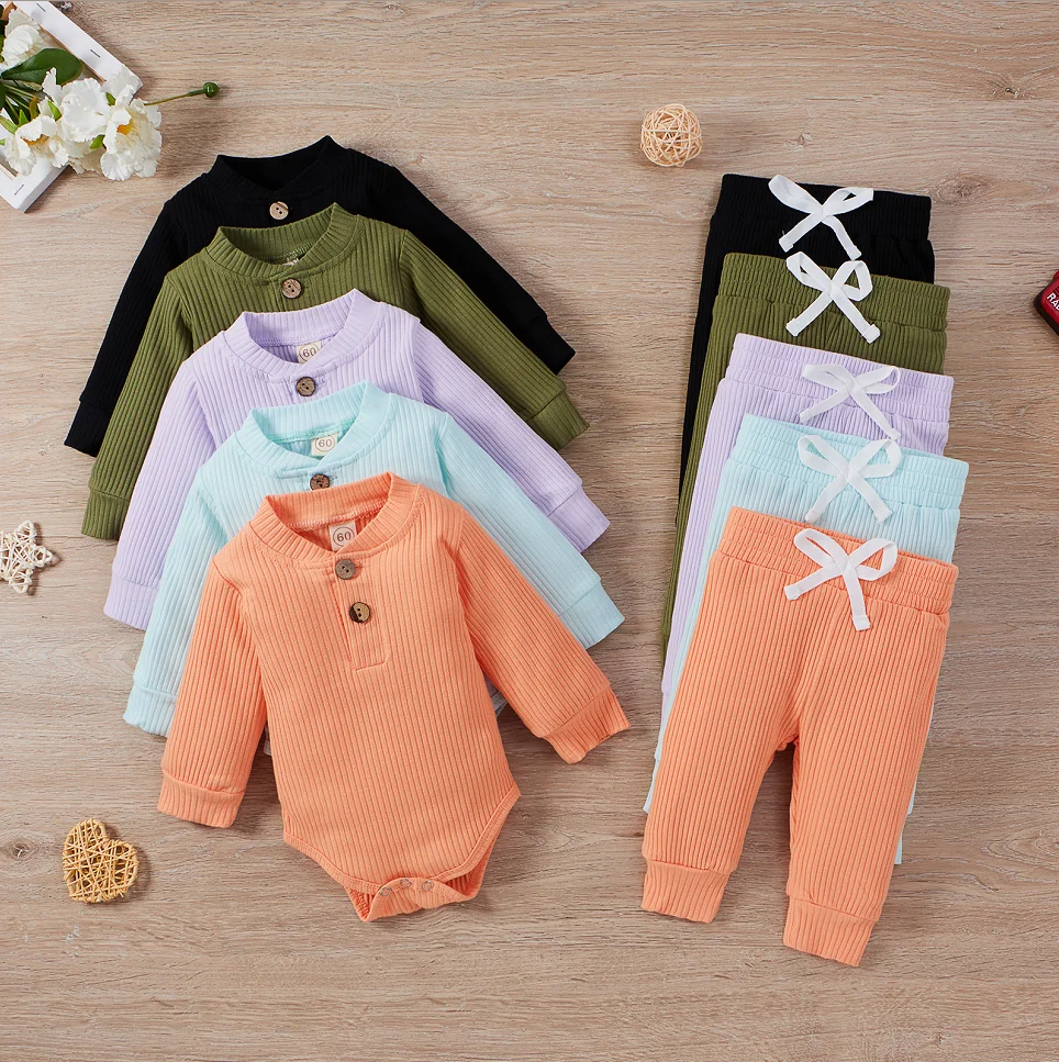 Infant-Newborn-Baby-Girl-Boy-Spring-Autumn-Ribbed-Plaid-Solid-Clothes-Sets-Long-Sleeve-Bodysuits-Elastic-5