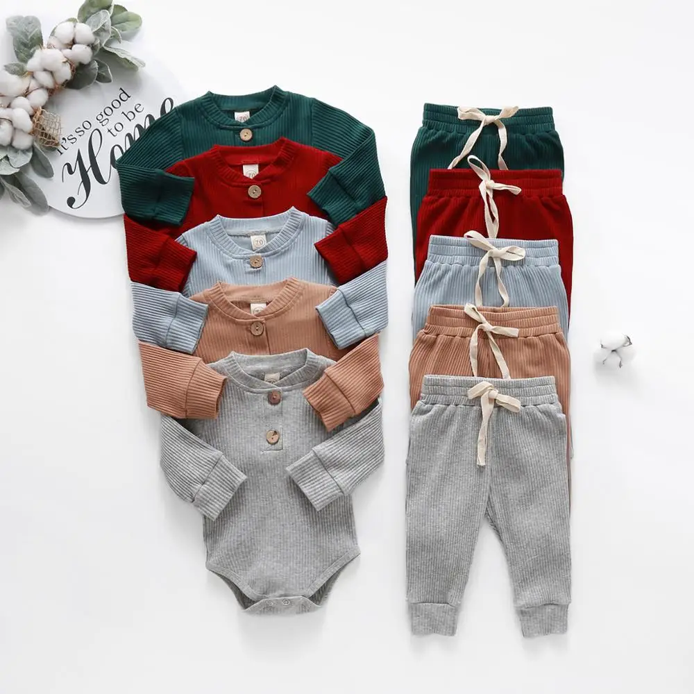 Infant-Newborn-Baby-Girl-Boy-Spring-Autumn-Ribbed-Plaid-Solid-Clothes-Sets-Long-Sleeve-Bodysuits-Elastic