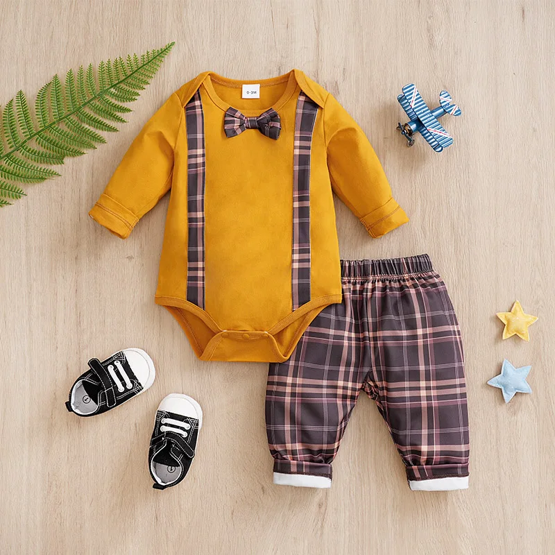 Solid-color-jacket-Plaid-printed-pants-long-sleeve-cotton-fashion-set-0-18-months-Newborn-Baby