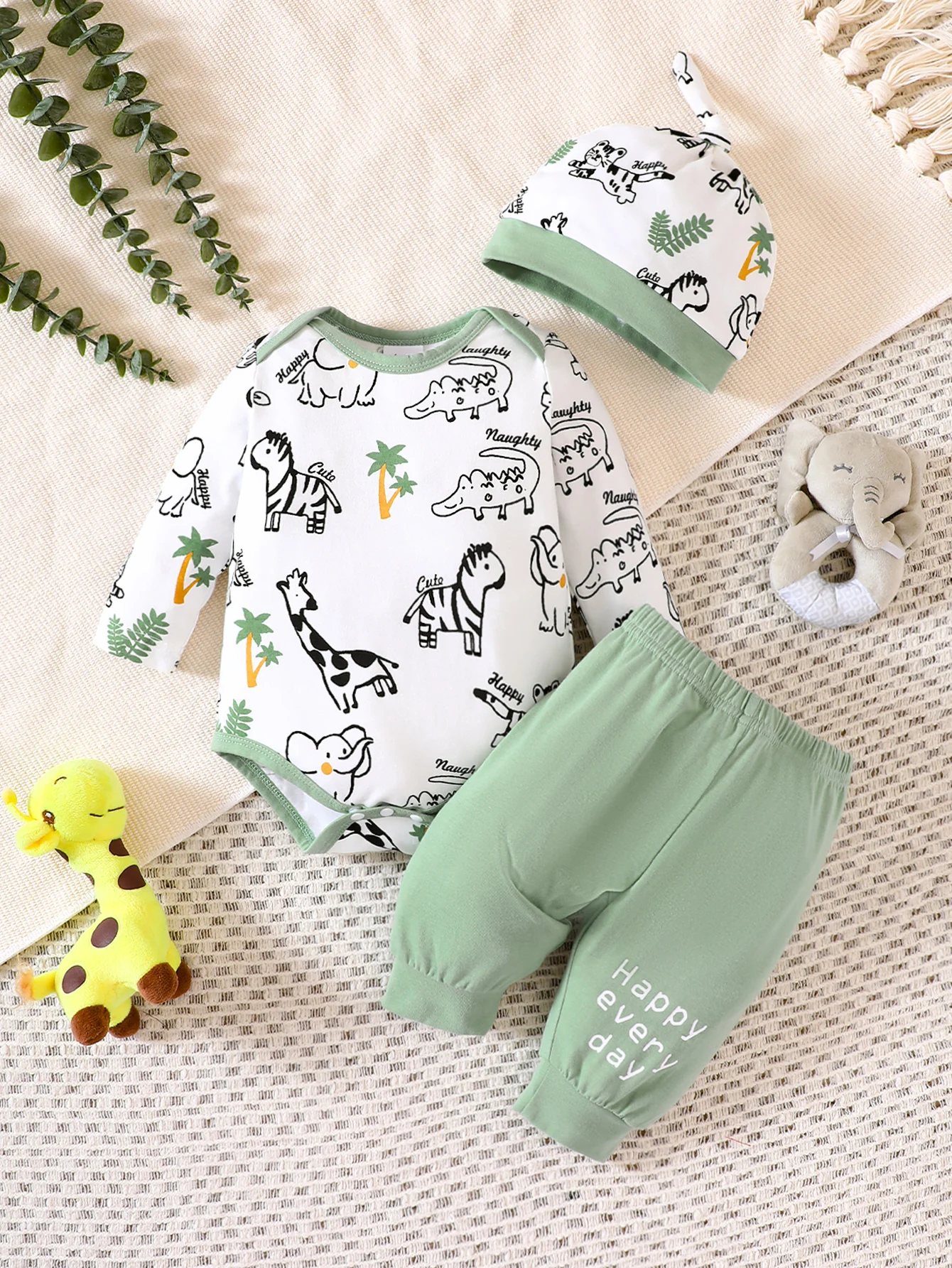 Spring-And-Autumn-Boys-And-Girls-Hats-Round-Neck-Long-Sleeves-Animal-Pattern-Romper-Pants-Set