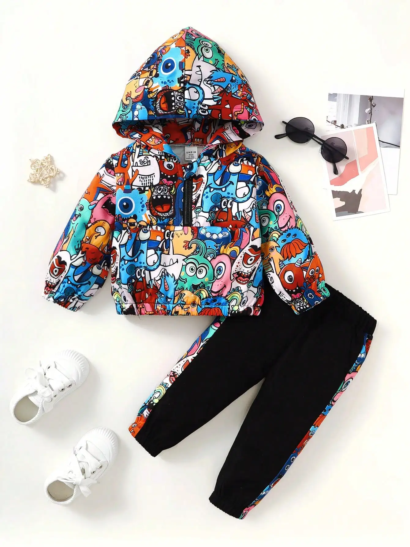 Two-Sets-Of-Baby-Boys-Casual-Cute-Monster-Pattern-Half-Open-Front-Hoodie-Pants-Spring-And-2
