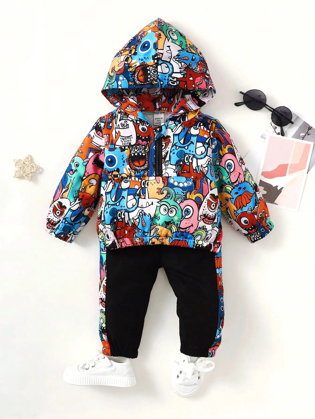 Two-Sets-Of-Baby-Boys-Casual-Cute-Monster-Pattern-Half-Open-Front-Hoodie-Pants-Spring-And-3