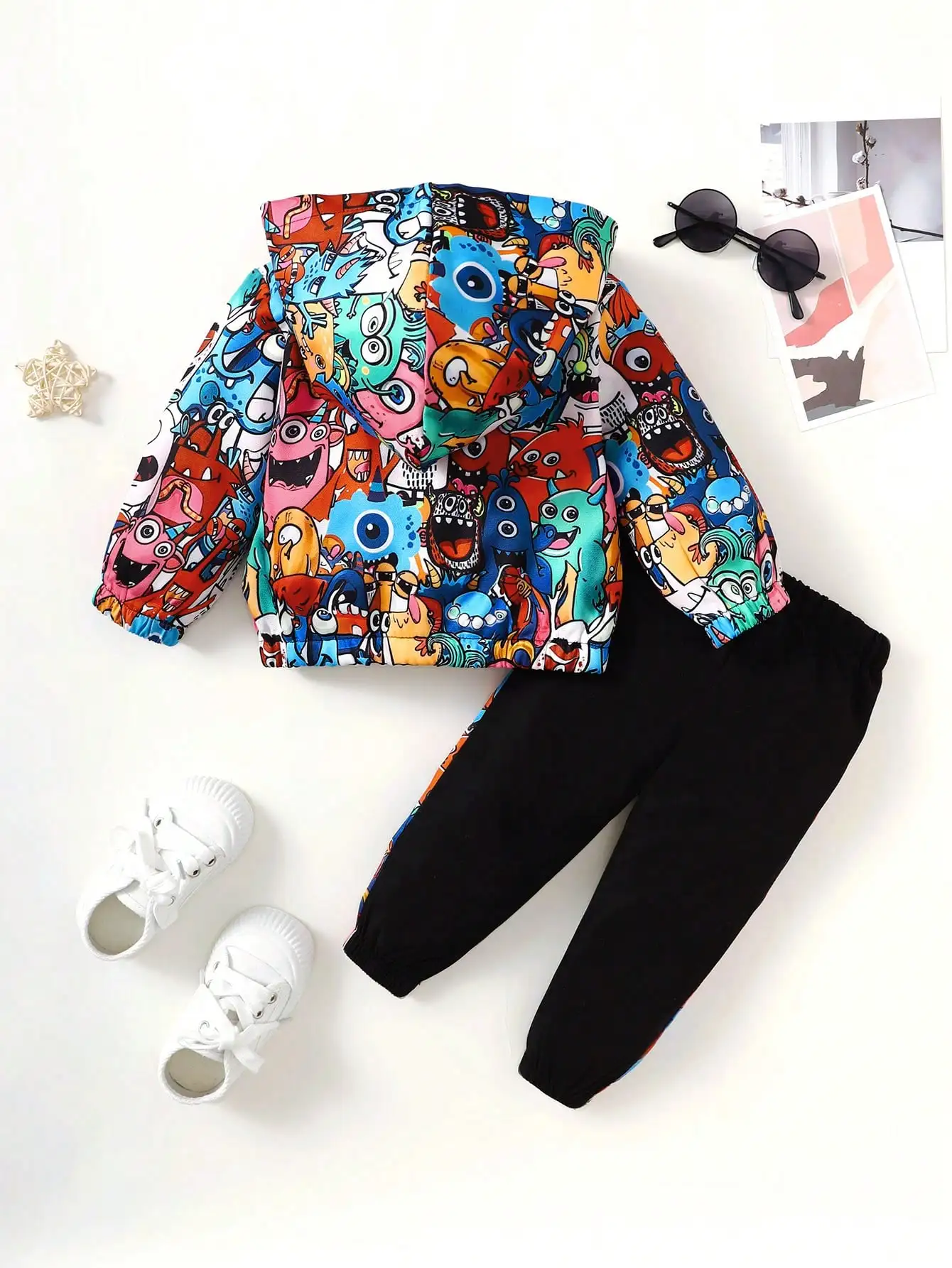 Two-Sets-Of-Baby-Boys-Casual-Cute-Monster-Pattern-Half-Open-Front-Hoodie-Pants-Spring-And